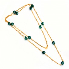 925 Sterling Silver Cushion Shape Green Onyx Gemstone Gold Plated Necklace