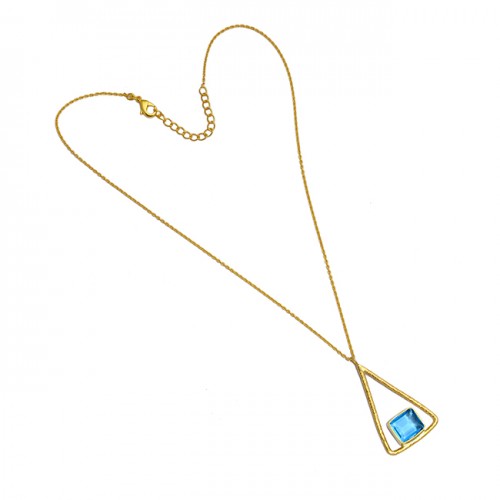 Rectangle Shape Blue Topaz Gemstone Sterling Silver Gold Plated Necklace Jewelry