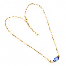 Pear Shape Blue Quartz Gemstone 925 Sterling Silver Gold Plated Necklace