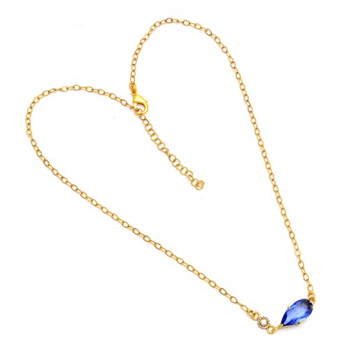 Pear Shape Blue Quartz Gemstone 925 Sterling Silver Gold Plated Necklace