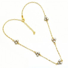 Round Shape Pearl Gemstone 925 Sterling Silver Gold Plated Necklace