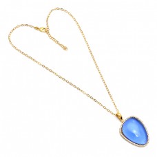 925 Sterling Silver Oval Shape Chalcedony Gemstone Gold Plated Necklace