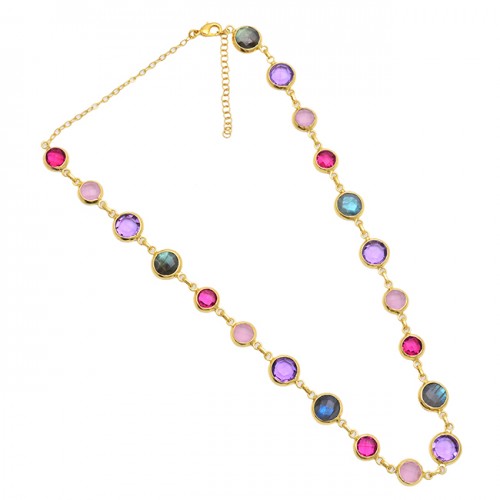 Round Shape Multi Color Gemstone 925 Sterling Silver Gold Plated Necklace