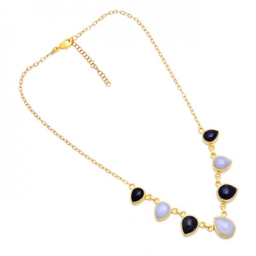 Pear Shape Black Onyx Moonstone 925 Sterling Silver Gold Plated Necklace