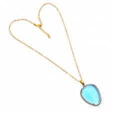 Oval Shape Blue Topaz Gemstone 925 Sterling Silver Gold Plated Necklace
