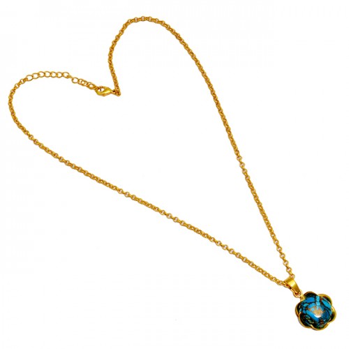 Round Cabochon Blue Copper Turquoise Gemstone Sterling Silver Gold Plated Necklace Jewelry