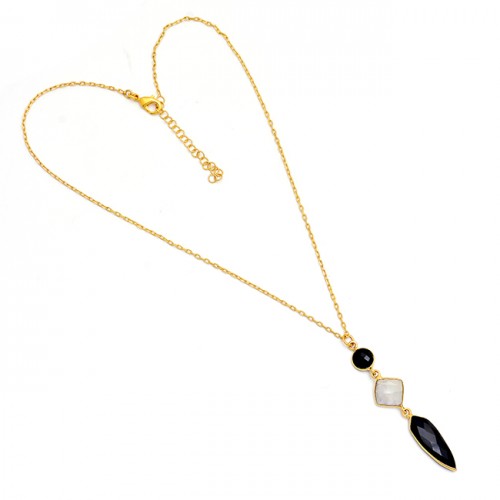 Black Onyx Moonstone 925 Sterling Silver Gold Plated Necklace Jewelry