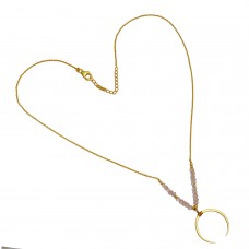 C Shape Designer Rose Quartz Roundel Beads Gemstone 925 Sterling Silver Gold Plated Necklace Jewelry