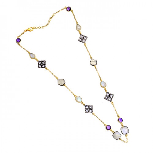 Amethyst Moonstone 925 Sterling Silver Gold Plated Necklace Jewelry