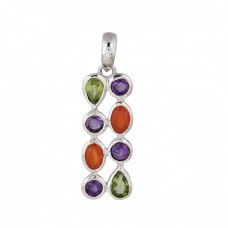 925 Sterling Silver Multi Color Gemstone Designer Pendant Necklace Jewelry