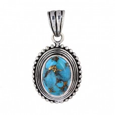 Oval Shape Blue Copper Turquoise Gemstone 925 Silver Pendant Necklace
