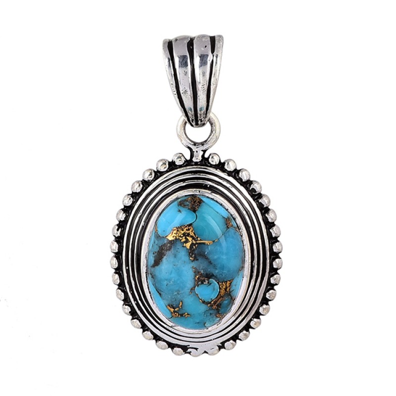 
									Oval Shape Blue Copper Turquoise Gemstone 925 Silver Pendant Necklace