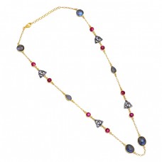 Labradorite Ruby Gemstone 925 Sterling Silver Gold Plated Necklace Jewelry
