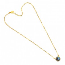 Round Shape Labradorite Gemstone 925 Sterling Silver Gold Plated Necklace