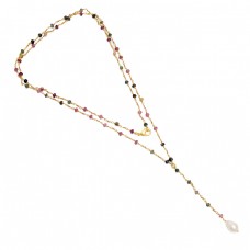 Multi Tourmaline Pearl Gemstone 925 Silver Gold Plated Beaded Necklace