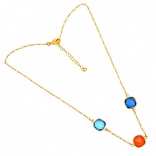 Square Shape Carnelian Tanzanite Quartz Gemstone Gold Plated Necklace