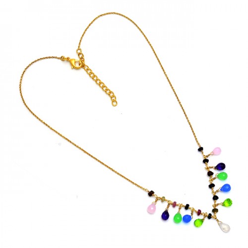 Pear Drops Shape Multi Color Gemstone 925 Silver Gold Plated Necklace
