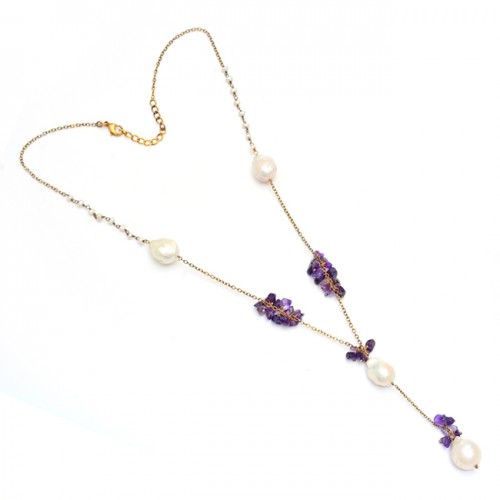 Amethyst Pearl Gemstone 925 Sterling Silver Gold Plated Necklace Jewelry