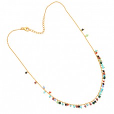 Multi Color Gemstone 925 Sterling Silver Gold Plated Beaded Necklace Jewelry