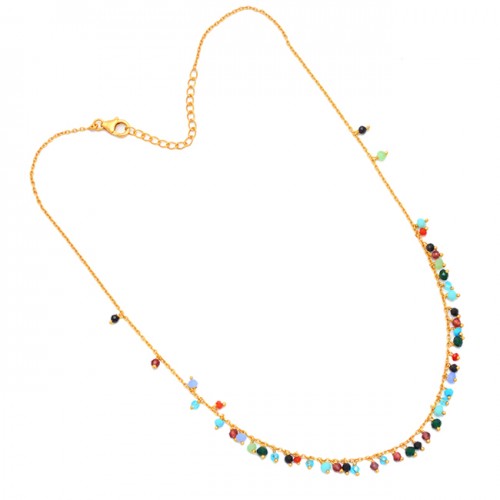 Multi Color Gemstone 925 Sterling Silver Gold Plated Beaded Necklace Jewelry