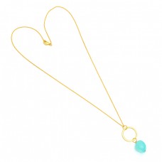 Fancy Shape Aqua Chalcedony Gemstone 925 Sterling Silver Gold Plated Necklace