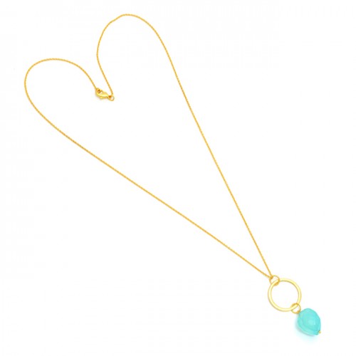 Fancy Shape Aqua Chalcedony Gemstone 925 Sterling Silver Gold Plated Necklace