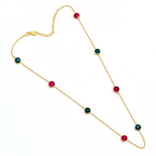 Ruby Emerald Gemstone 925 Sterling Silver Gold Plated Necklace Jewelry
