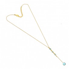 Round Shape Blue Topaz Gemstone 925 Sterling Silver Gold Plated Necklace