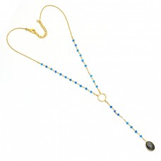 Labradorite Chalcedony Gemstone 925 Sterling Silver Gold Plated Necklace