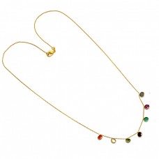 925 Sterling Silver Round Shape Multi Color Gemstone Gold Plated Necklace