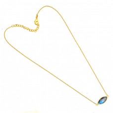 Marquoise Shape Labradorite Gemstone 925 Silver Gold Plated Necklace