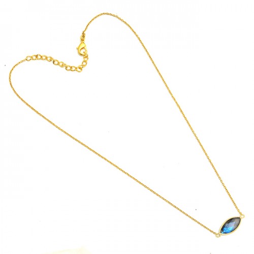 Marquoise Shape Labradorite Gemstone 925 Silver Gold Plated Necklace