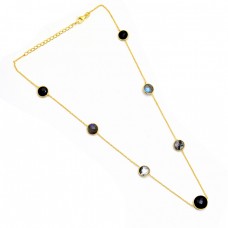 Round Shape Onyx Labradorite Black Rutile Quartz Gemstone Silver Necklace : Price $35.50