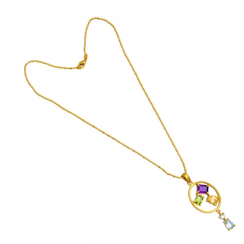 Amethyst Citrine Peridot Blue Topaz Gemstone 925 Sterling Silver Gold Plated Necklace Jewelry