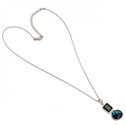 Handmade Labradorite Black Onyx Gemstone 925 Sterling Silver Necklace Jewelry
