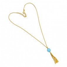 Aqua Color Chalcedony Gemstone 925 Sterling Silver Hanging Chain Gold Plated Necklace Jewelry