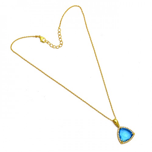 Triangle Shape Blue Topaz Gemstone 925 Sterling Silver Gold Plated Necklace Jewelry