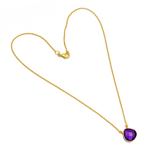 Heart Shape Purple Amethyst Gemstone 925 Sterling Silver Gold Plated Necklace Jewelry