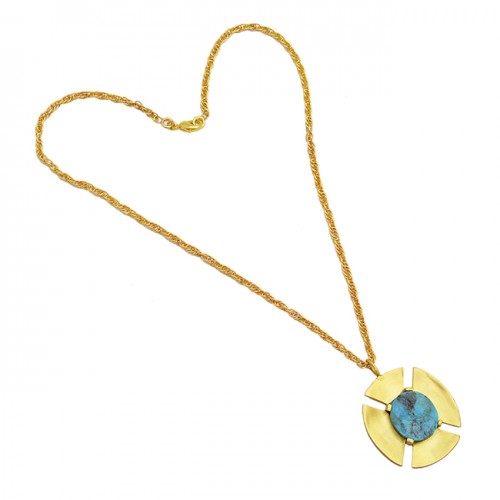 Stylish Round Shape Turquoise Gemstone 925 Sterling Silver Gold Plated Necklace Jewelry