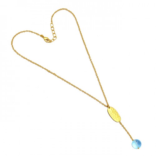 Faceted Round Ball Shape Blue Topaz Gemstone 925 Sterling Silver Gold Plated Necklace