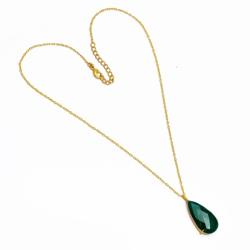 925 Sterling Silver Briolette Pear Green Onyx Gemstone Gold Plated Necklace Jewelry