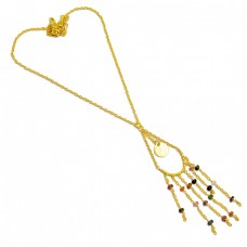 Faceted Roundel Beads Multi Tourmaline Gemstone 925 Sterling Silver Gold Plated Necklace : Price $25.50