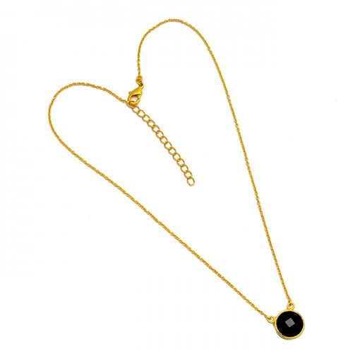 Round Shape Black Onyx Gemstone 925 Sterling Silver Gold Plated Handmade Necklace