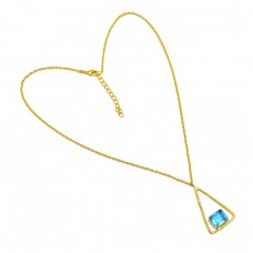 Blue Topaz Octagon Shape Gemstone 925 Sterling Silver Gold Plated Designer Necklace
