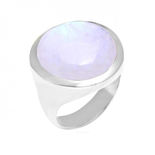 Handcrafted Designer Rainbow Moonstone Round Shape 925 Sterling Silver Ring