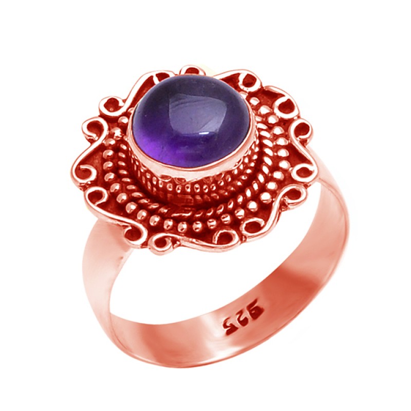 925 Sterling Silver Amethyst Round Cabochon Gemstone Black Oxidized Ring Jewelry