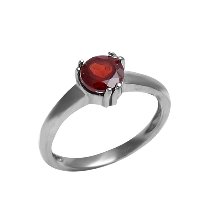 Faceted Round Shape Garnet Gemstone 925 Sterling Silver Prong Setting Ring