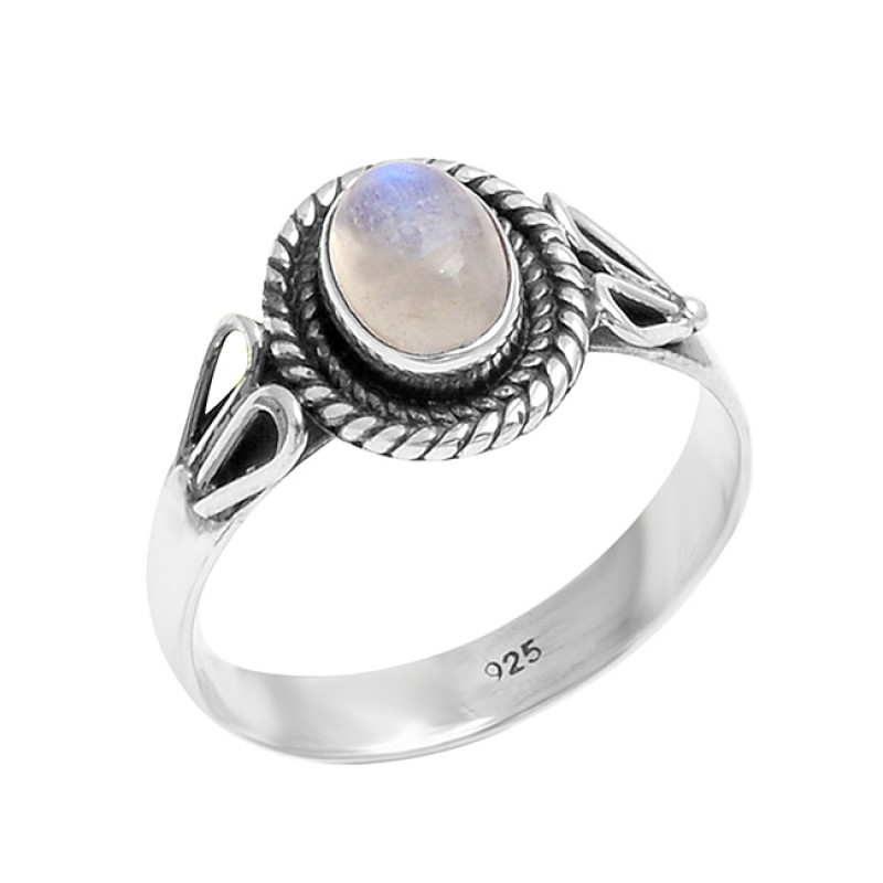 Oval Cabochon Rainbow Moonstone 925 Sterling Silver Black Oxidized Ring jewelry