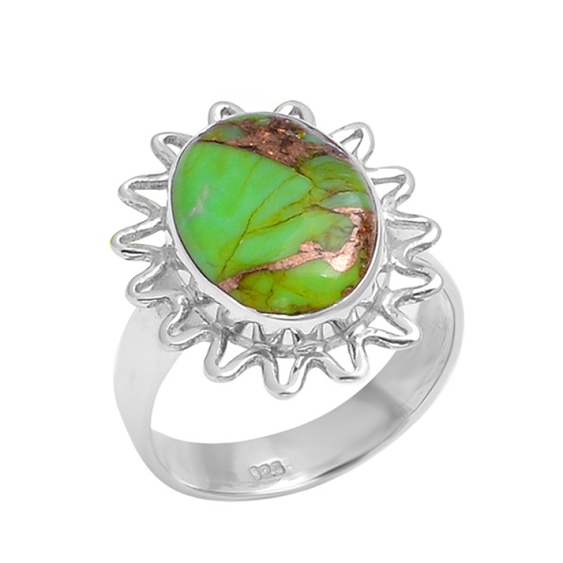 925 Sterling Silver Oval Cabochon Green Copper Turquoise Gemstone Designer Ring