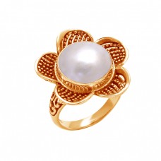 925 Sterling Silver Round Cabochon Pearl Gemstone Flower Designer Ring